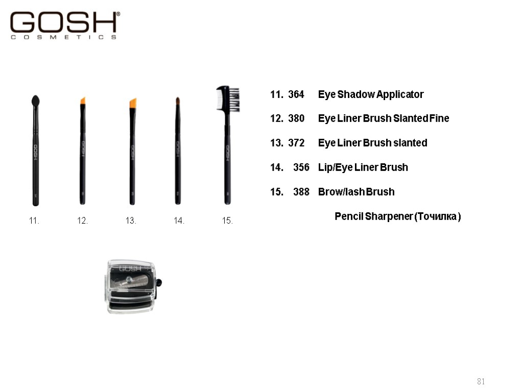 81 11. 12. 13. 14. 15. 364 Eye Shadow Applicator 380 Eye Liner Brush